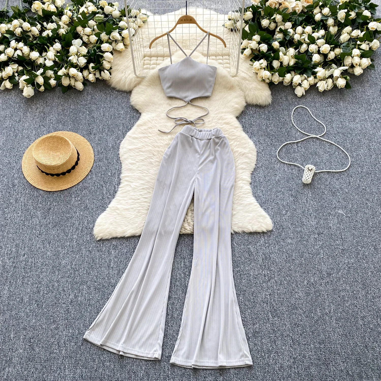 Vrouwelijke trendy zomertopbroek set 2-luxe design pak trekkoord camis tanks flare broek hotsweet sexi nachtclub streetwear