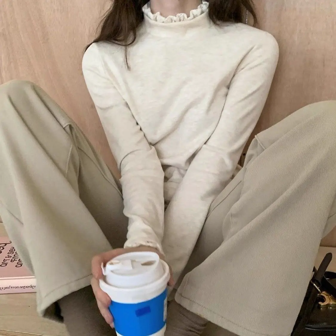 Lace Splicing Long Sleeve Fleece T-Shirt Korean Style Women's Fashionable Pullover Top Breathable Comfortable Spring Autumn