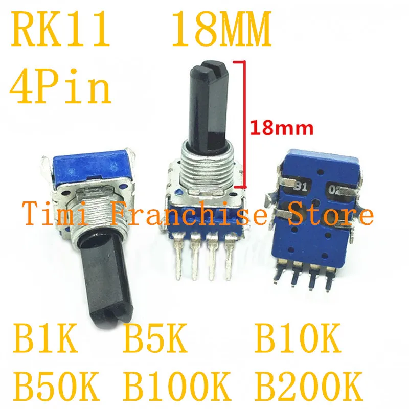 

20PCS RK11 B1K B5K B10K B 50K B100K B200K Mono potentiometer volume adjustment shaft length 18mm half shaft 4Pin 11 type