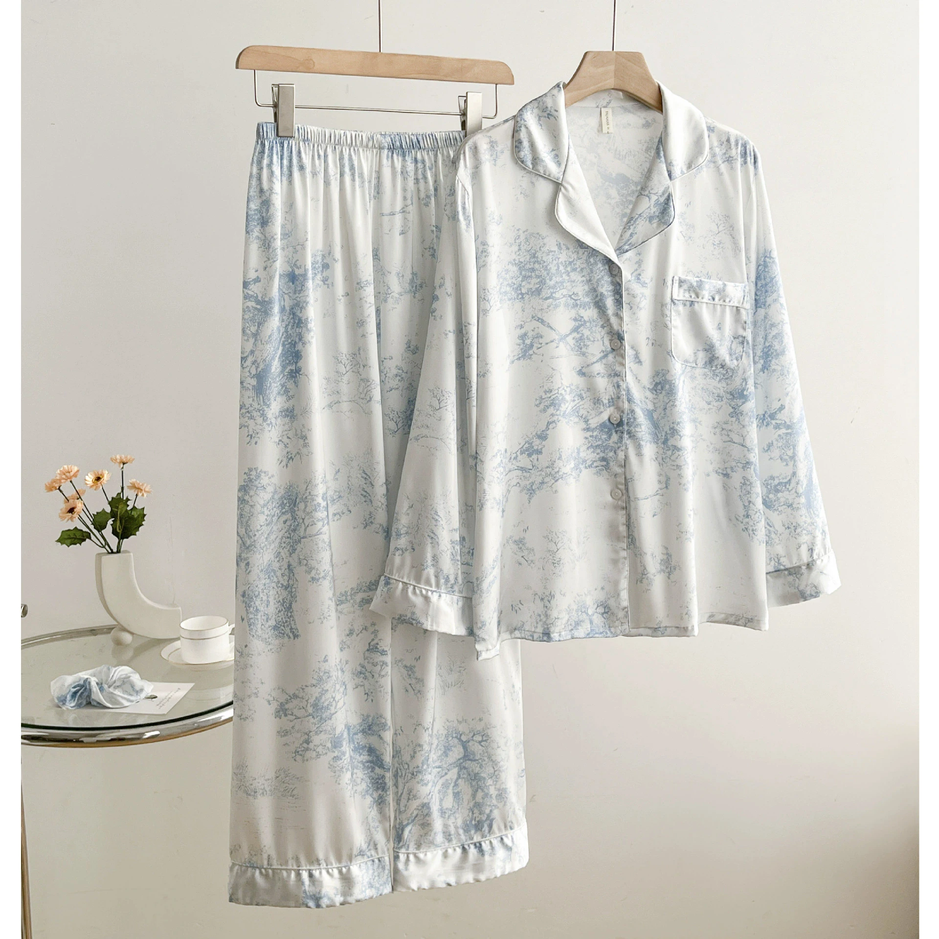 

2PCS Pjs Sleepwear Set Sexy Print Women Pajama Trouser Suits Spring New Ice Silk Rayon Night Wear Homewear Loose Loungewear