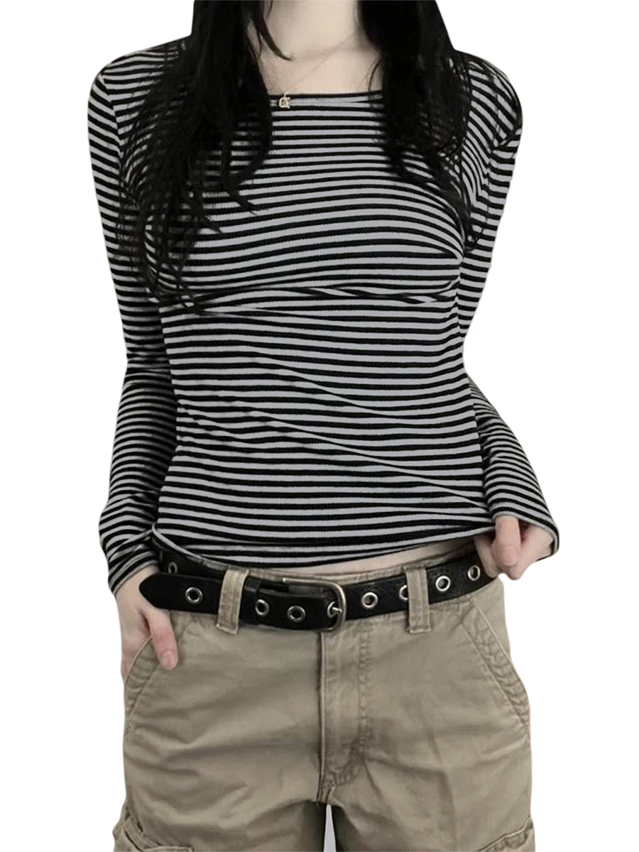 Long Sleeve Shirts for Women Casual Basic Crew Neck Striped  Fit T-shirt  Going Out Blouses Y2K Tight Shirts