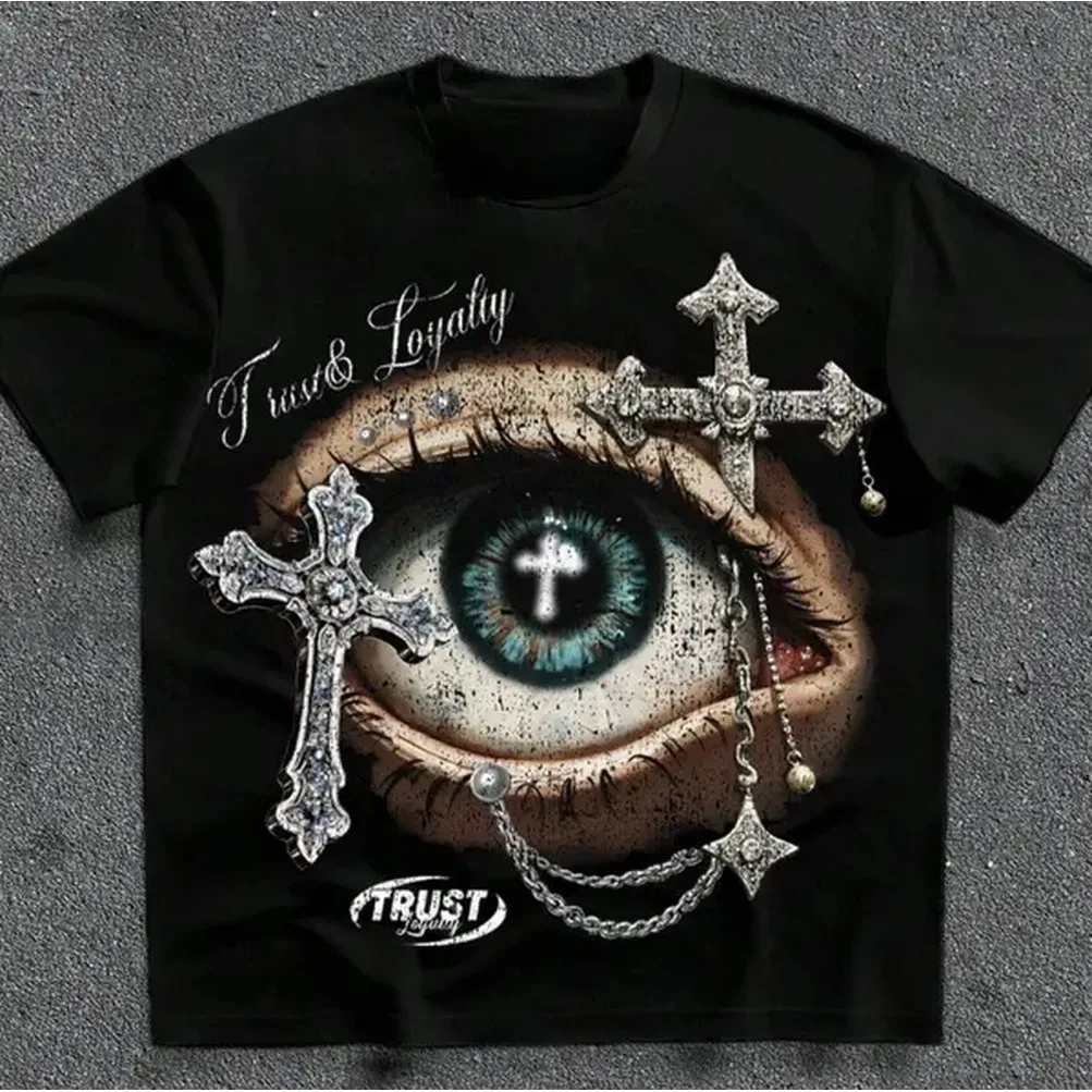 Eye & Cross T-Shirt, Gifts Shirt, Unisex Vintage Graphic Tees Gothic Grunge Y2k Emo Scene Amity Affliction Style Clothes Men Women Streetwear