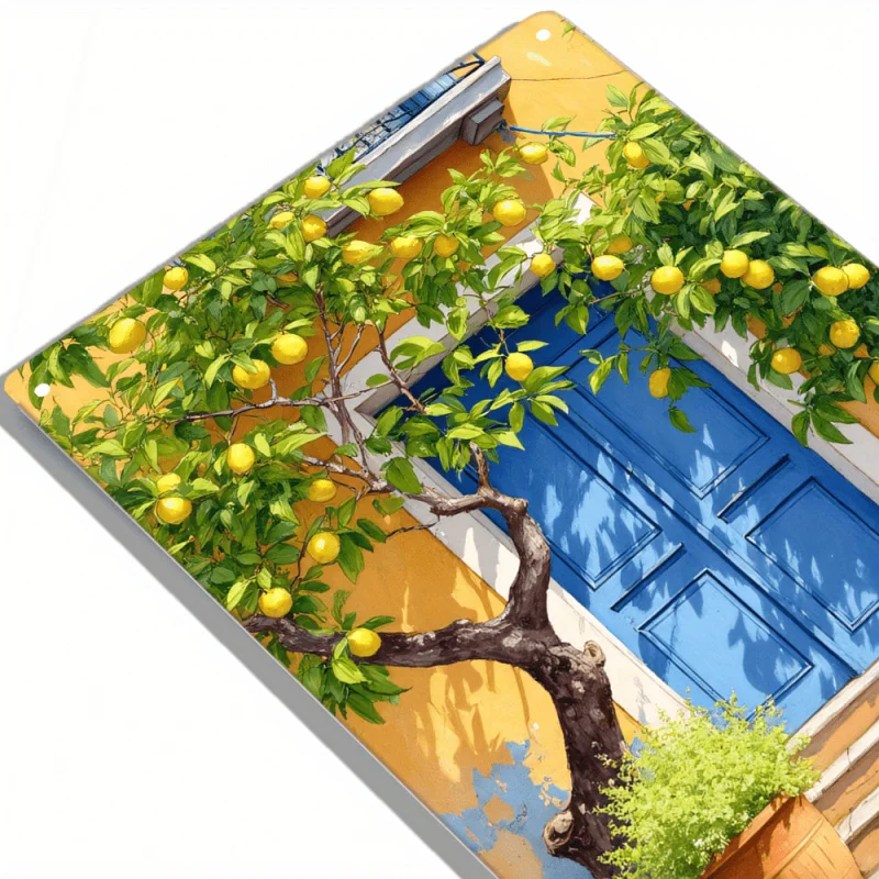 2DFlat Blue Door Lemon Tree Metal Wall Art Sign - Bright Yellow Lemon and Blue Door Aluminum Poster，Modern Farmhouse Style Indoo