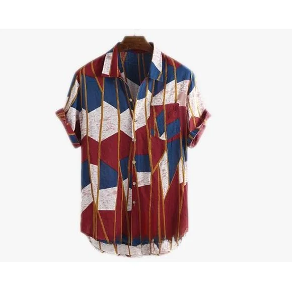 Men's Printed irt ort Front Long Ba Distred Faion Polyester Streetwear Straight Cut ort Sve Classic Fit Top