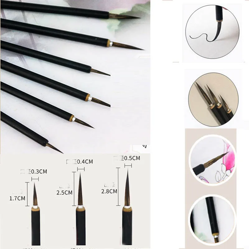 6pcs/set Calligraphy Detail Fine Brush Copper Head Hook Line Painting Brush Pens Chinese Weasel Mouse Badger Draw Art Paintbrush