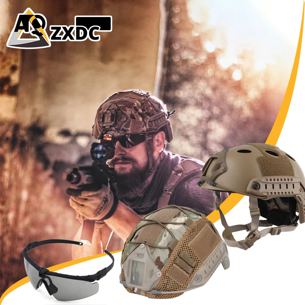 Set of Airsoft Tactical Helmet & Tactical Goggles for Shooting and Cosplay, With Multicam Camo Helmet Cover