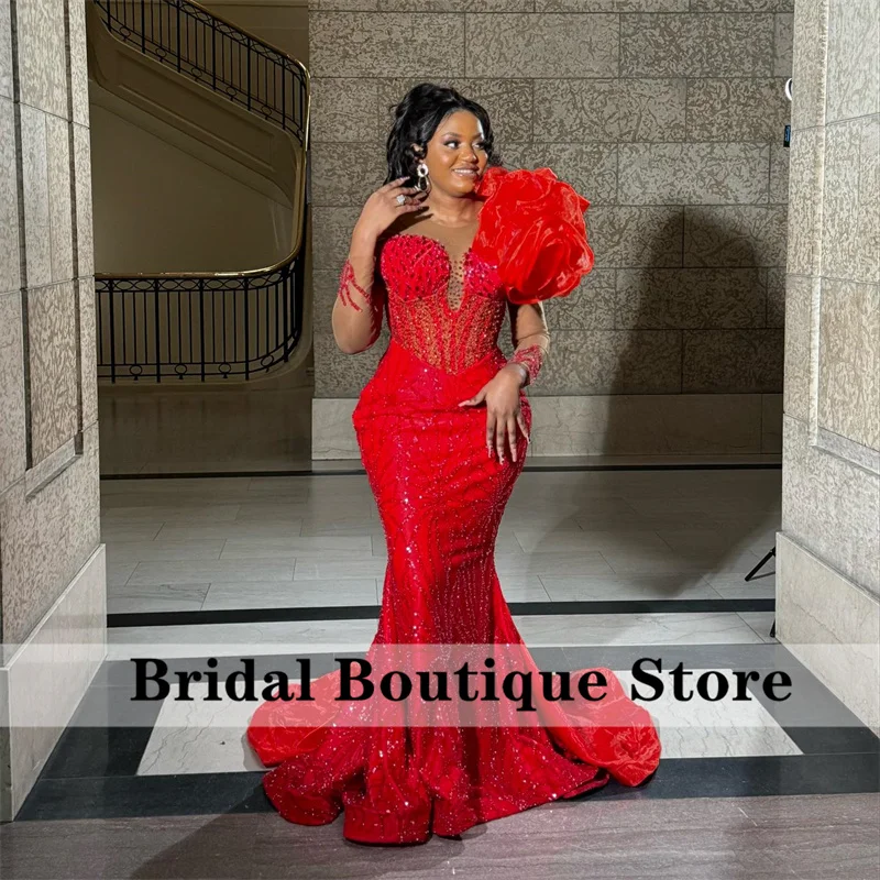 Luxury Sparkly Red Mermaid Evening Dress Glitter Beads Crystals Senior Prom Wedding Party Gown Robe De Bal Customized