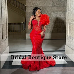 Luxury Sparkly Red Mermaid Evening Dress Glitter Beads Crystals Senior Prom Wedding Party Gown Robe De Bal Customized