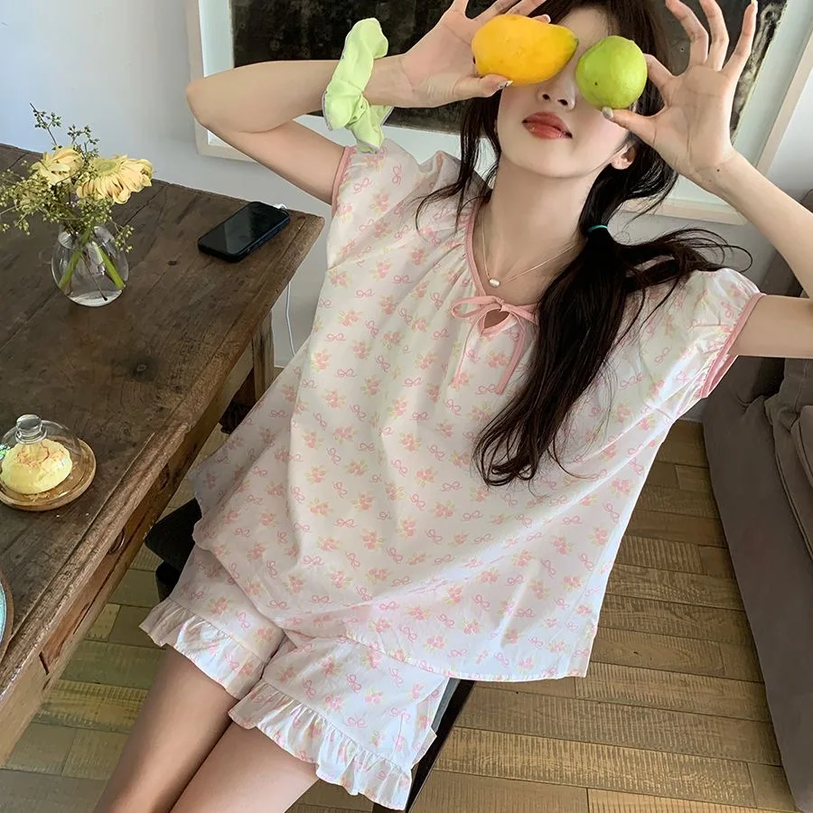 

Корейские пижамные комплекты Kawaii, женская тонкая футболка и шорты с бантом и шнурком, лето 2022, пижамный комплект, домашняя одежда, одежда для сна Y2K, домашняя одежда