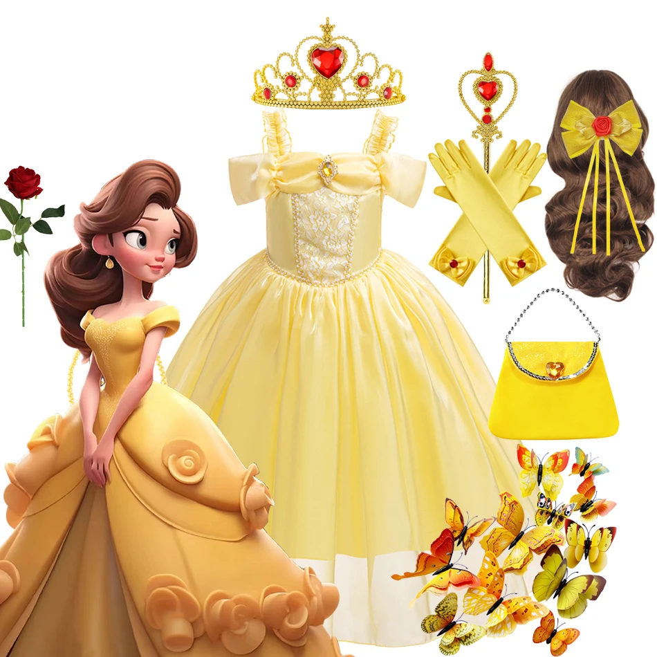 

Disney Princess Belle Sleeveless Dress Girl Luxury Pearl Sequin Ball Gown Coustume for Beauty and The Beast Carnival Party Cloth