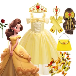 Disney Princess Belle Sleeveless Dress Girl Luxury Pearl Sequin Ball Gown Coustume for Beauty and The Beast Carnival Party Cloth