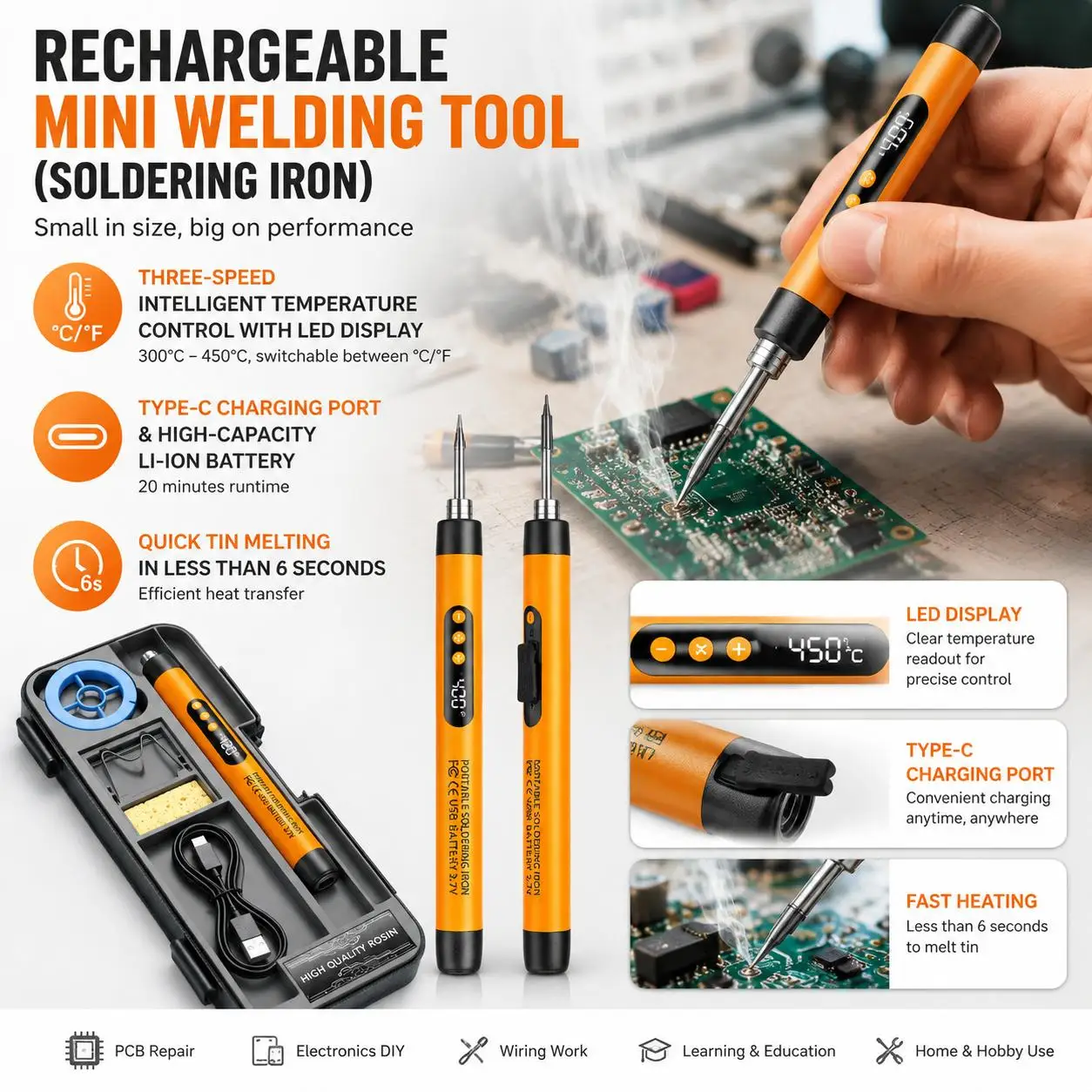 USB Rechargeable Mini Soldering Iron with Adjustable Temperature for Precision Soldering Ideal for DIY Projects and Repairs Portable Electronics Repair Kit Great for Home Workshop Fast Heat Up and Stable Temperature Control Includes Replaceable Tips
