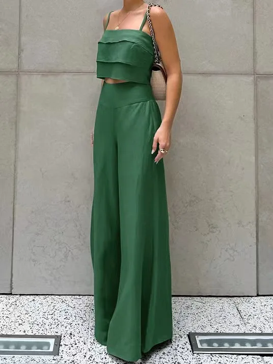 Faionable Sommer-Outfit, Strapsweste und Hose mit weitem Bein, lange Baumwollhose, zweiteiliges Set für Frauen im Alter von 8–25 Jahren