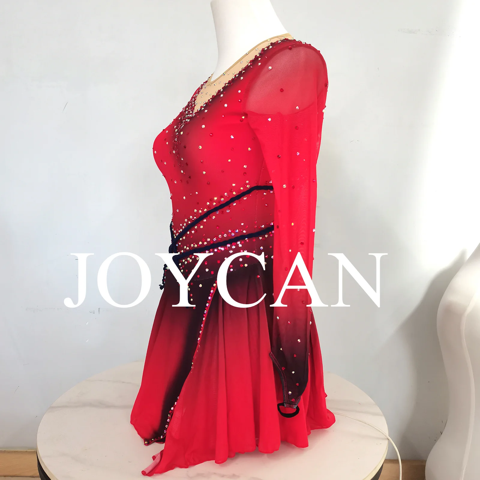 JoyCan Ice Figure Skating Gaun Gadis Spandex Merah Melar Kompetisi Dansa Pakaian Disesuaikan