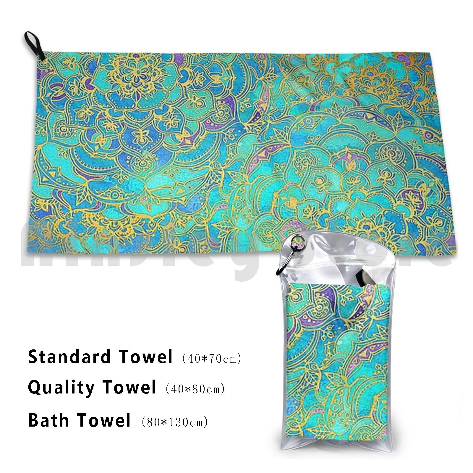 Towel Sapphire & Jade Stained Glass Mandalas ( Blue Background ) 2437 Blue Watercolor Gold