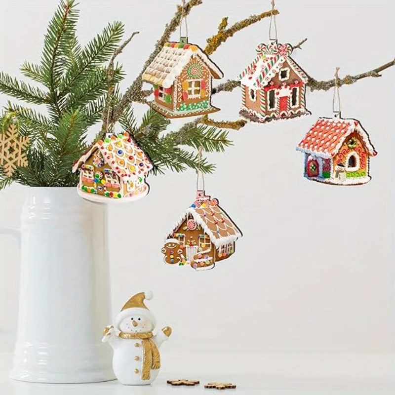 15pcs Wooden Christmas Winter Gingerbread Candy Brown House Hanging Decoration Pendant for Outdoor Festival  Party Gift