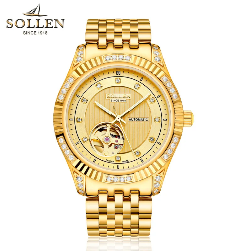 SOLLEN Brand Luxury Gold Mechanical Men High-end MIYOTA Movement Automatic Watches Mens 316L Stainless Steel Sapphire Clock Male