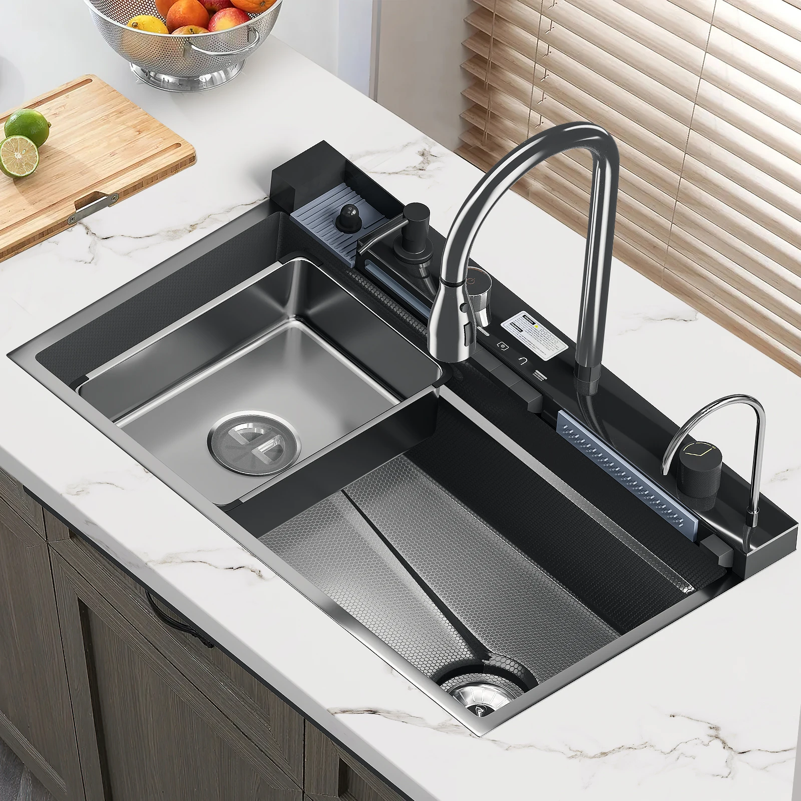Évier de cuisine cascade en acier inoxydable 304, grand fente unique, ensemble de robinets à affichage numérique intégré, distributeur de savon, lave-tasse