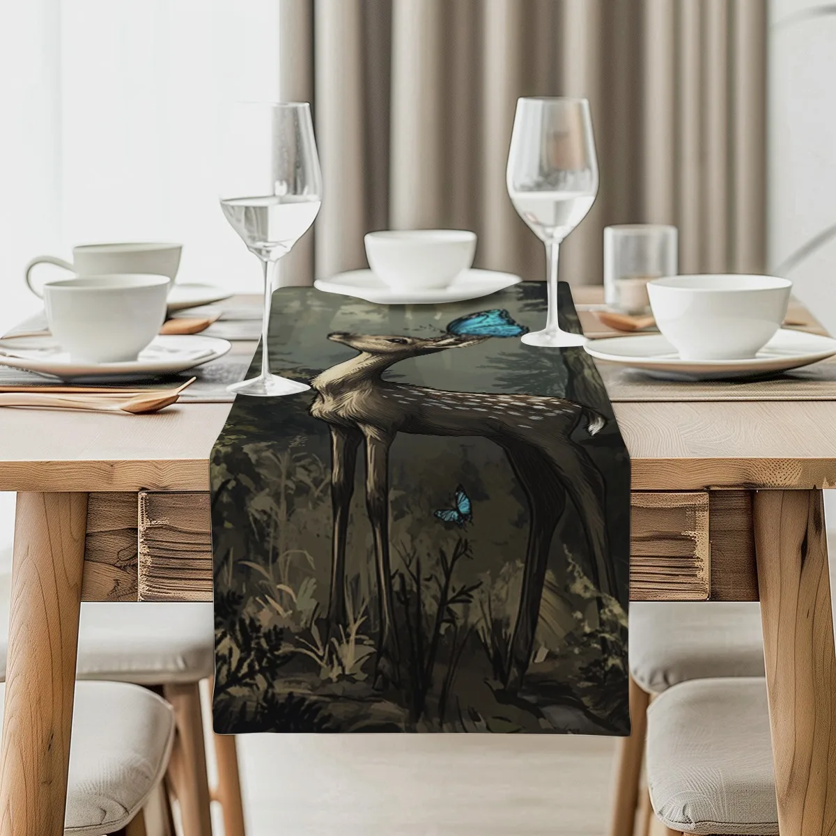 print table runner Forest Deer and Butterfly Vintage Print Table Flag dressing table flag for Kitchen & Home, Housewarming Gift