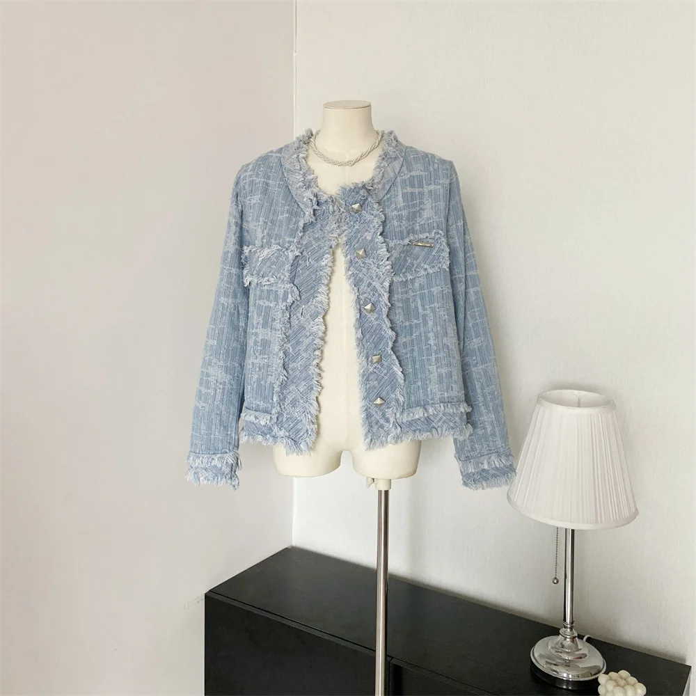 

Women Blue Tweed Jacket Short Female Korean Drama Temperament Celebrity Spring Clothing New Coat