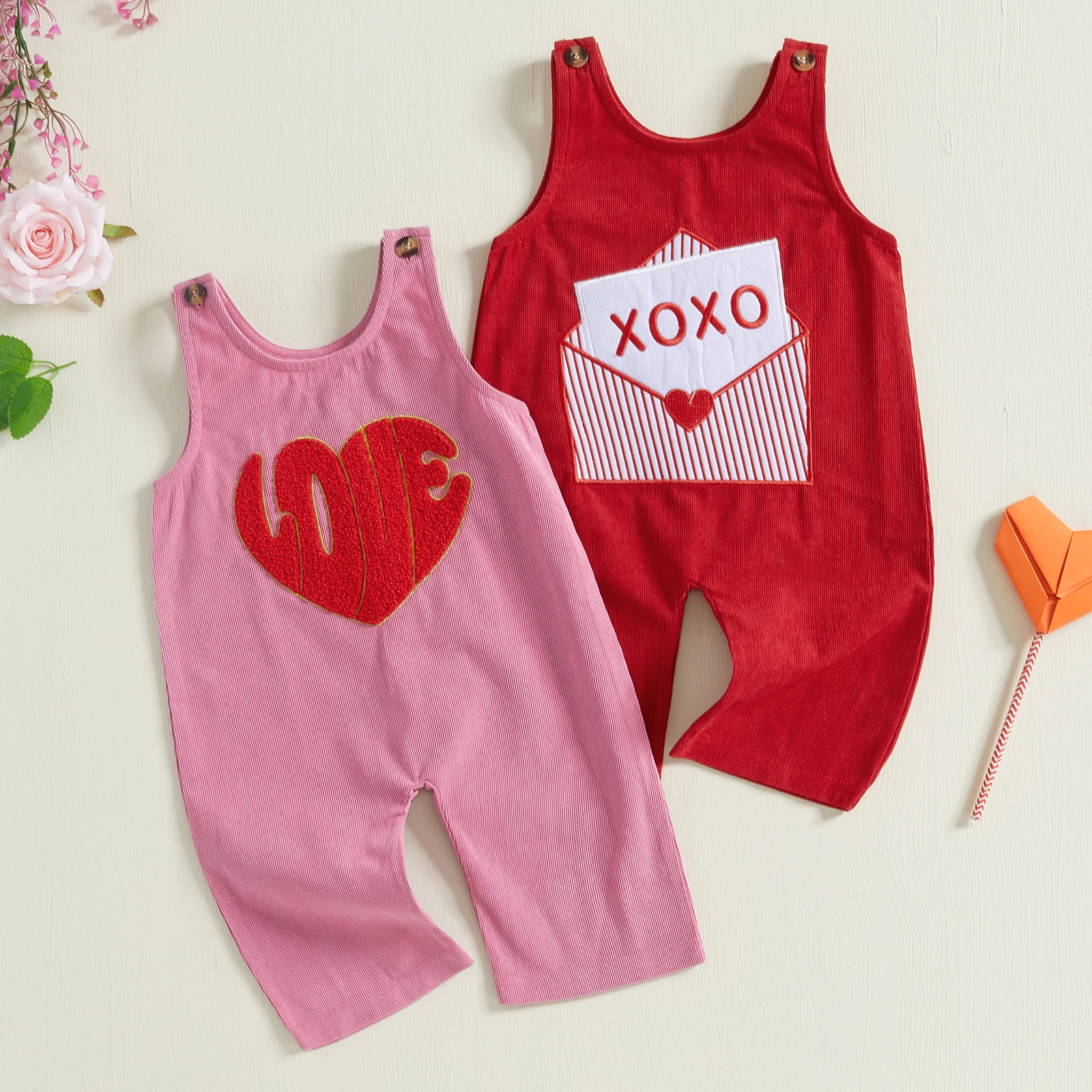 

Kids Valentine's Day Overalls Romper Corduroy Envelope/Heart Embroidered Sleeveless Round Neck Jumpsuit