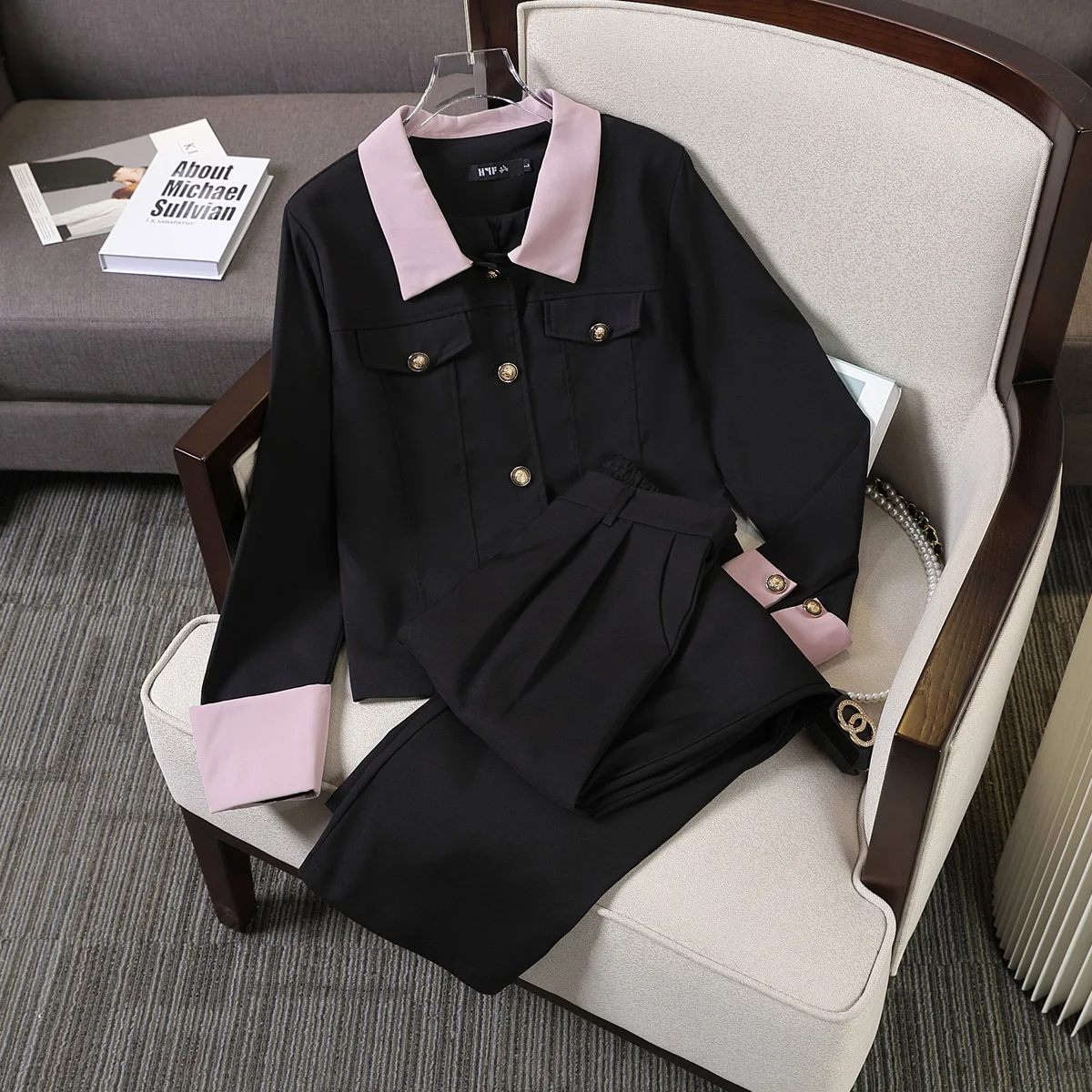 

Women Elegant Shirt pink Spring Autumn 2023 Office Lady Casual Korean Blouse wide-leg pants Two Pieces Set Trousers clothing