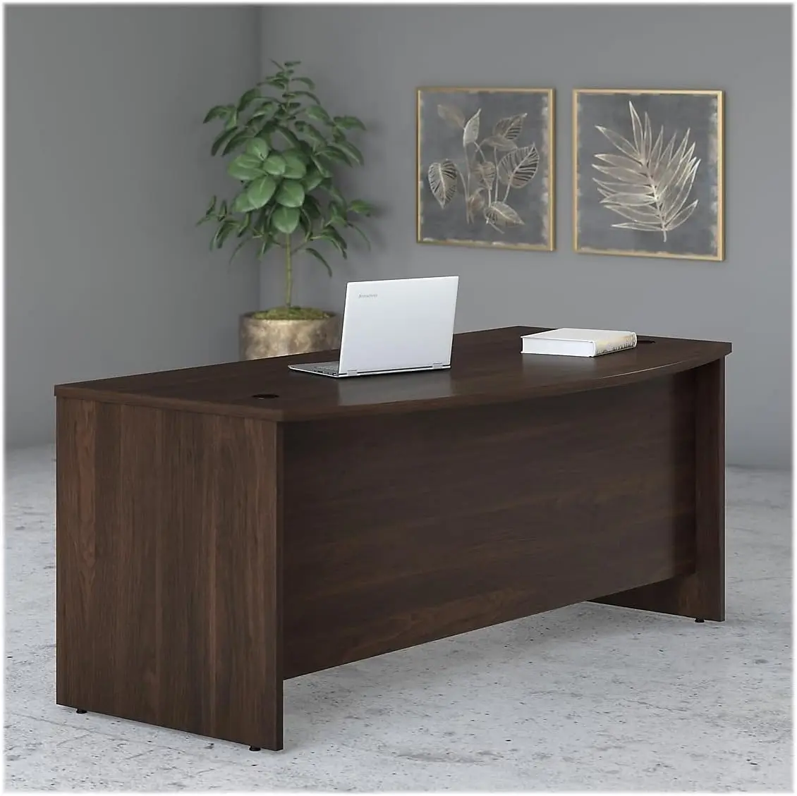 Furniture Studio C 72-inch W Bow Front Computer Desk, Black Walnut