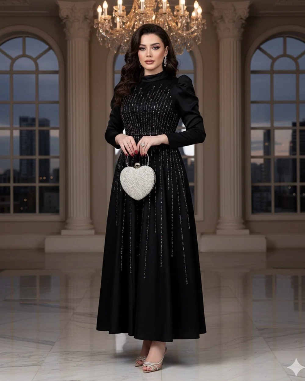 Sukienki midi w kształcie litery A z wysokim kołnierzem, z plisami, zdobione koralikami i cekinami, szyte na miarę, klasyczne, wysokiej jakości, dostępne różne rozmiary, sukienki wieczorowe.