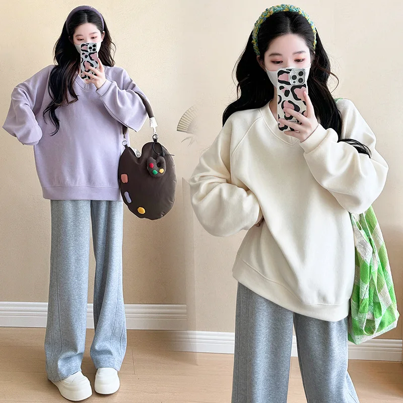 Spring Autumn Maternity Cotton Clothes Solid Color V-neck T-shirts Pregnant Women Long Sleeve Hoodie Maternity Loose Casual Tops