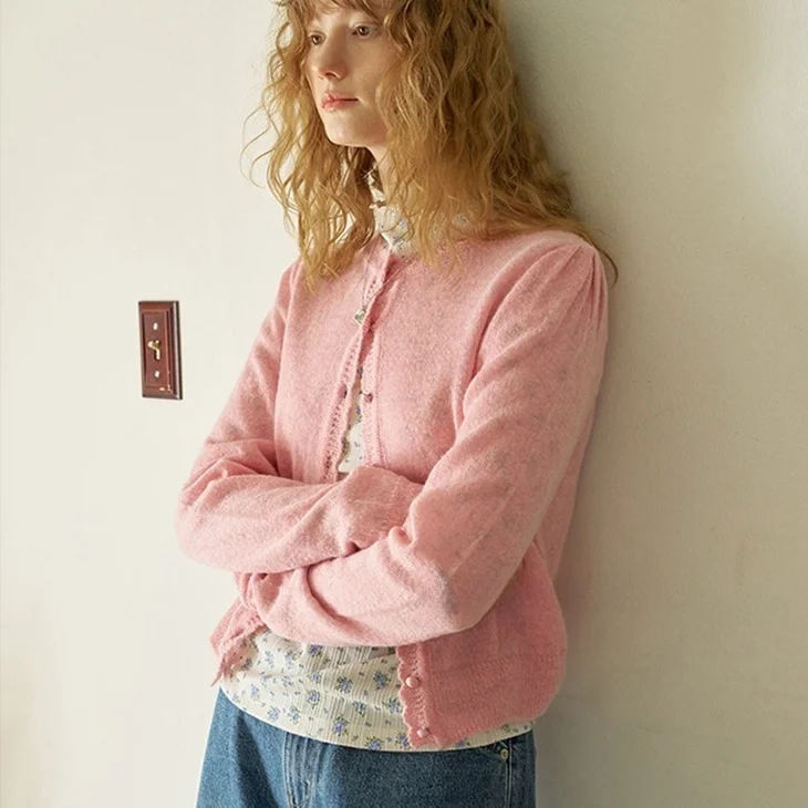Soft Knitted Cardigan round Neck Commute Versatile Knitted Shirt Light Touch Wooden  Bordered Long Sleeve Women's Top