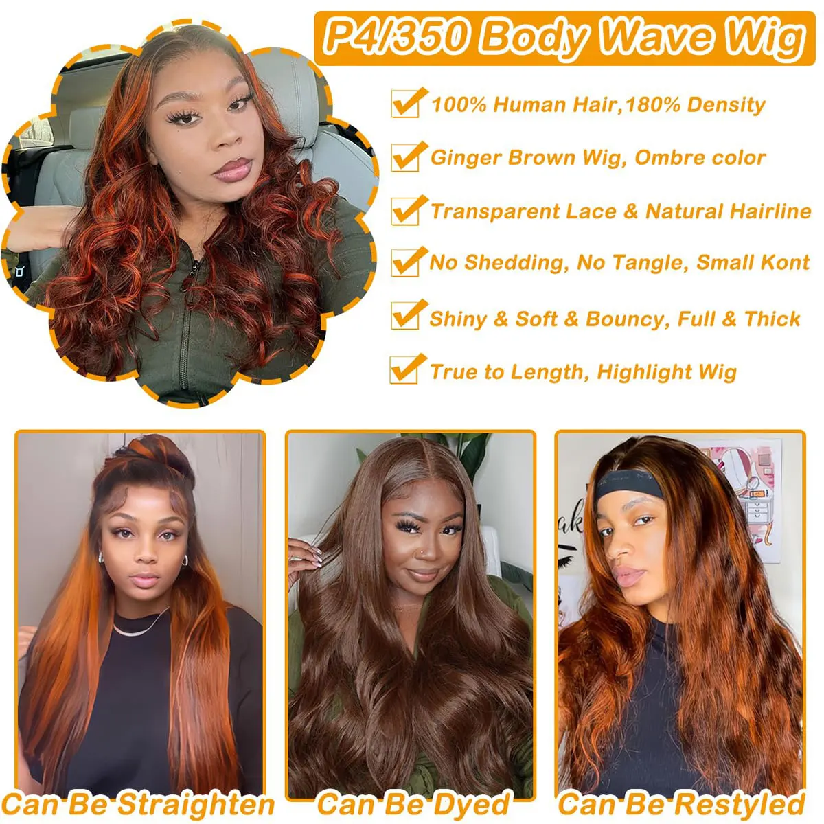 350 Density Lighlight Orange 5by5 Glueless Wig Human Hair P4/350 Highlights 13x6 13x4 HD Lace Front Wigs Ready to Wear Glueless