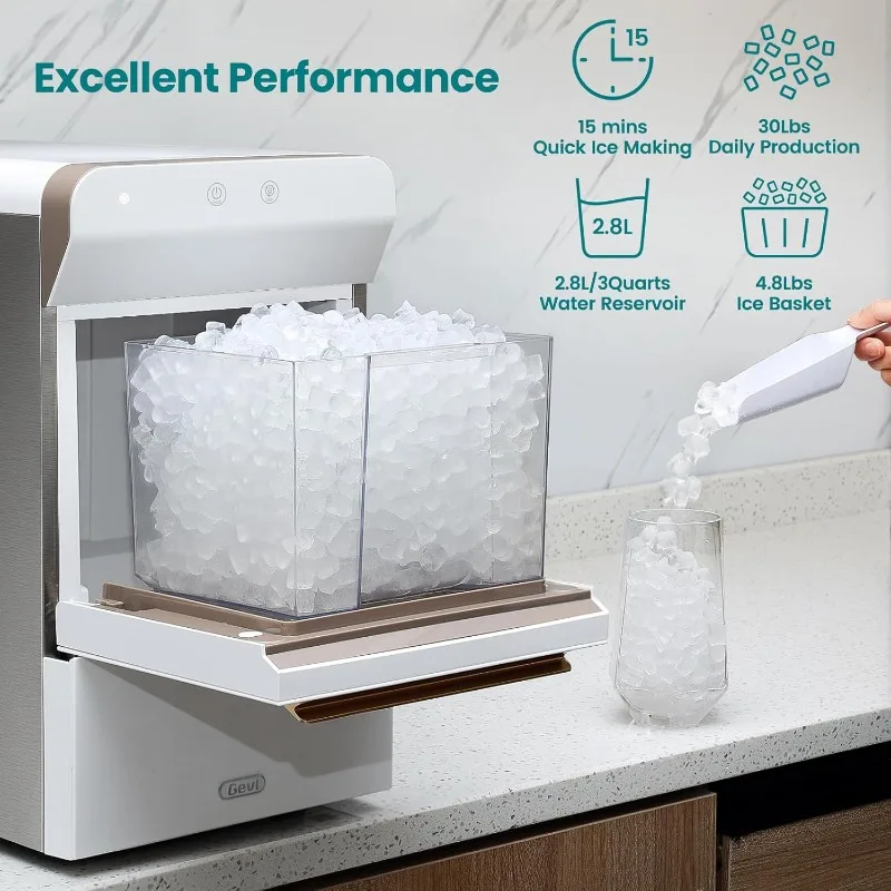 Gevi Household V2.0 Countertop Gemi Nugget Ice Maker | Self-Cleaning Pellet Ice Machine | Open and Pour Water Refill