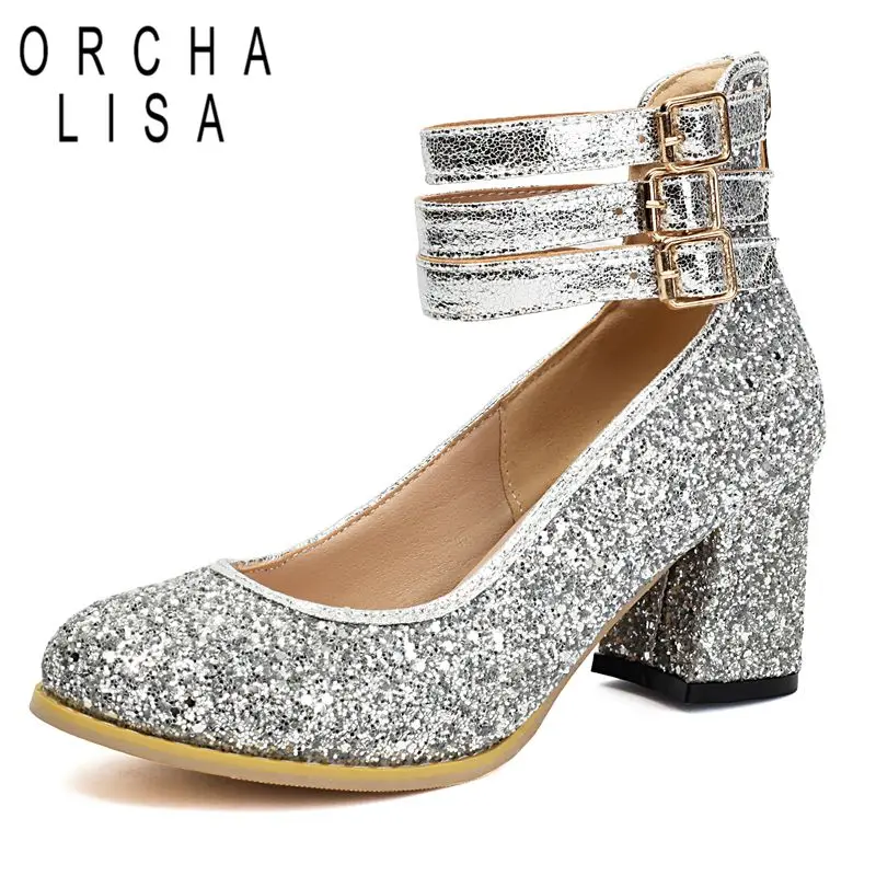 

ORCHA LISA, новый дизайн, женские туфли-лодочки с круглым носком, массивные каблуки 6,5 см, пряжки на молнии, блестящие пикантные туфли для свиданий, большой размер 46 47 48