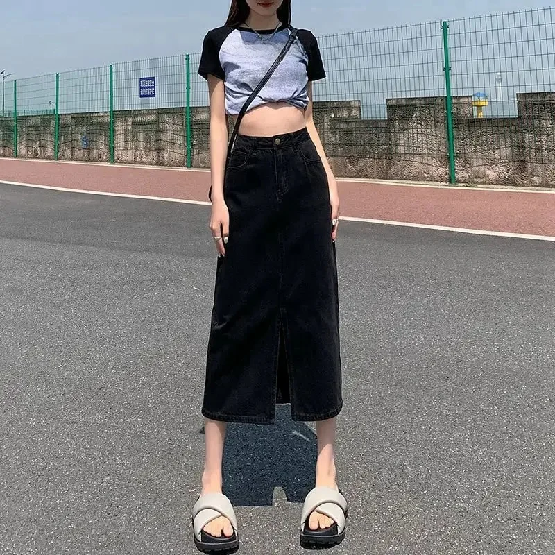 High Waist A-Line Midi Denim Skirt for Women with Slit Design Cotton Straight Cut Retro Casual Wrap Body Half-length Skirt
