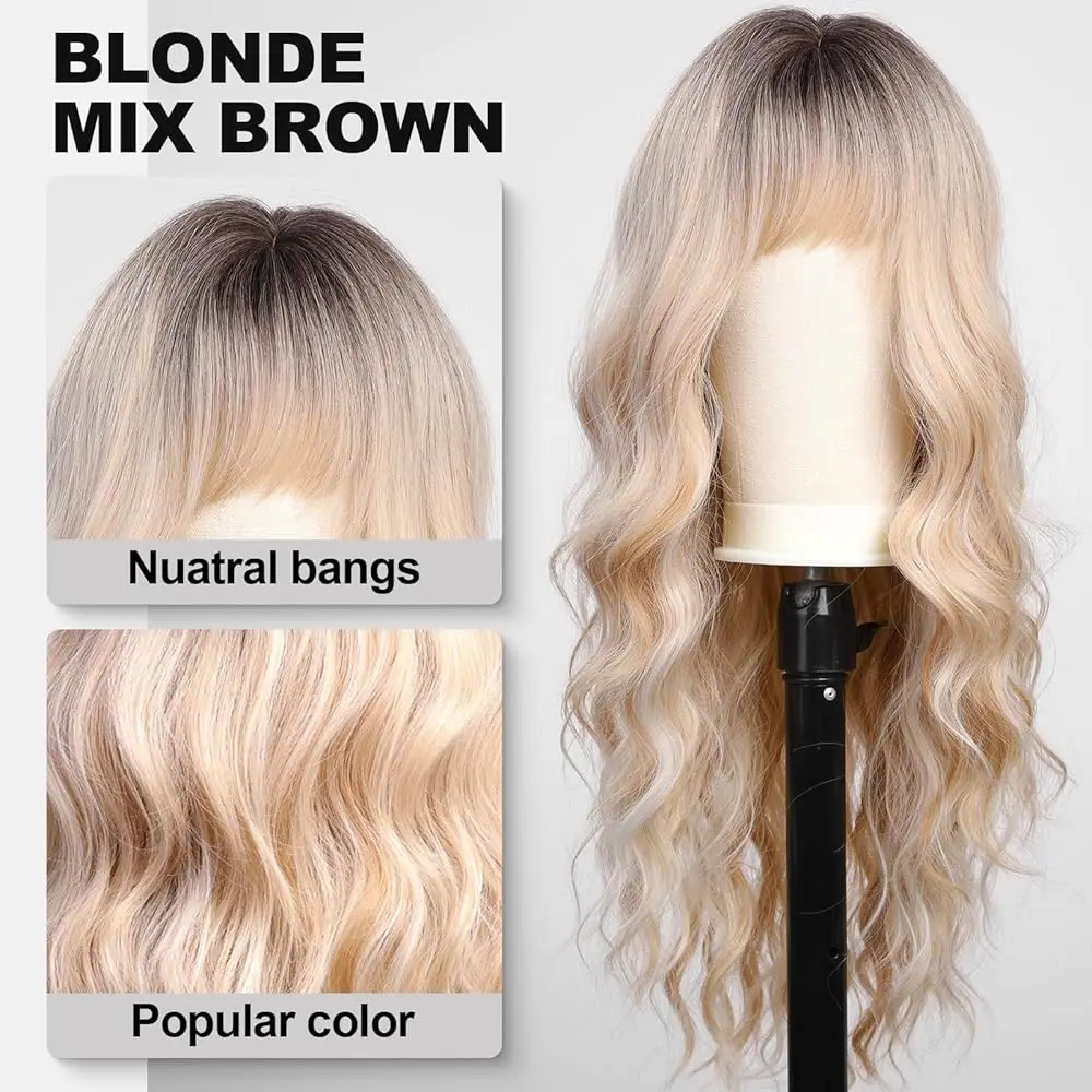 Long Blonde Ombre Brown Synthetic Wigs Water Wavy Platinum Wigs with Bang Hair Wig for Women Daily Cosplay Party Heat Resistant