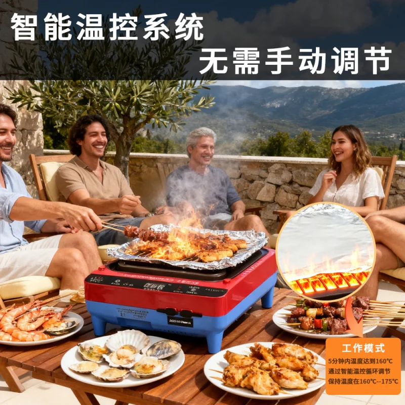 شواية كهربائية محمولة غير لاصقة بدون دخان متعددة الوظائف عبر الحدود للمنزل/حفلات النزهات الخارجية