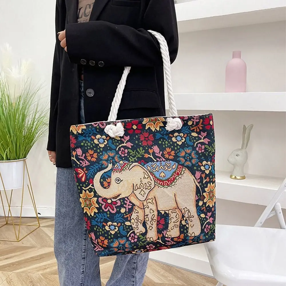 Bolsa estilo étnico elefante bordado simples sacola de lona animal, sacos de ombro do cão, bolsa para mulheres e meninas