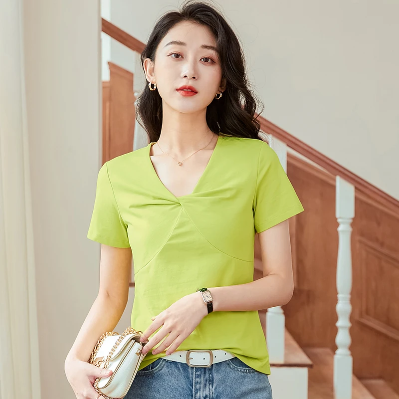 2023 Summer New Short Sleeve Women's T-shirt V-neck Slim Cotton Fashion Solid Color Fried Dough Twists Top