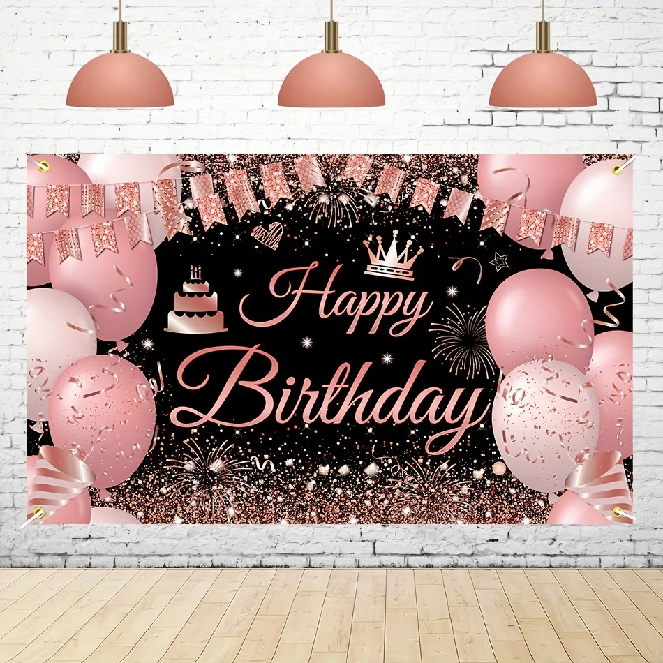 Birthday photo area background wall party decoration black pink happy birthday crown cake background banner balloon background