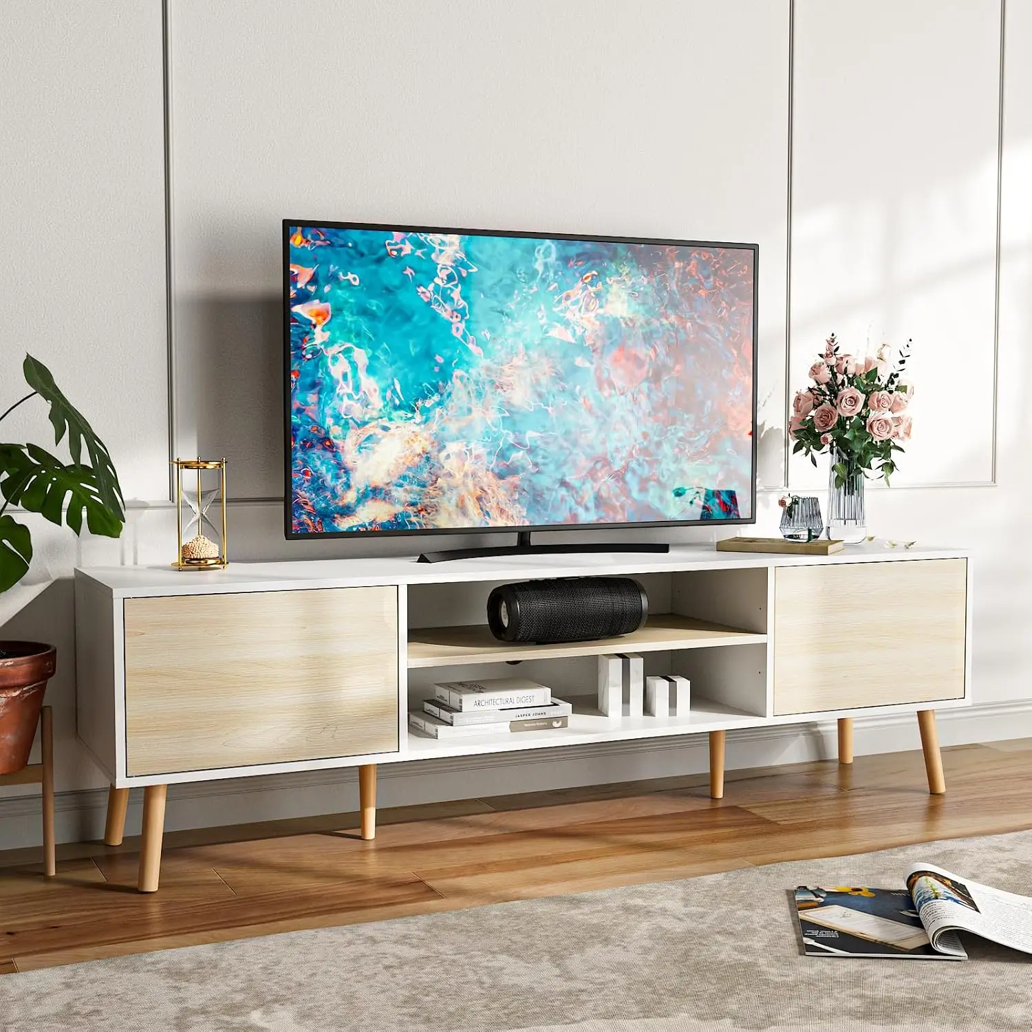 TV Stand for 75 Inch TV, Entertainment Center with Storage, 2 Cabinet Media Console Table, Wood Feet, Living Room, Bedroom Furni