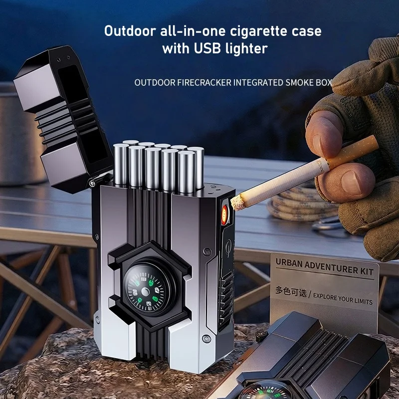

Portable Mechanical Cigarette Box Lighter with Tungsten Wire/compass Can Hold 10 Thick Cigarettes Outdoor Lighter Gift