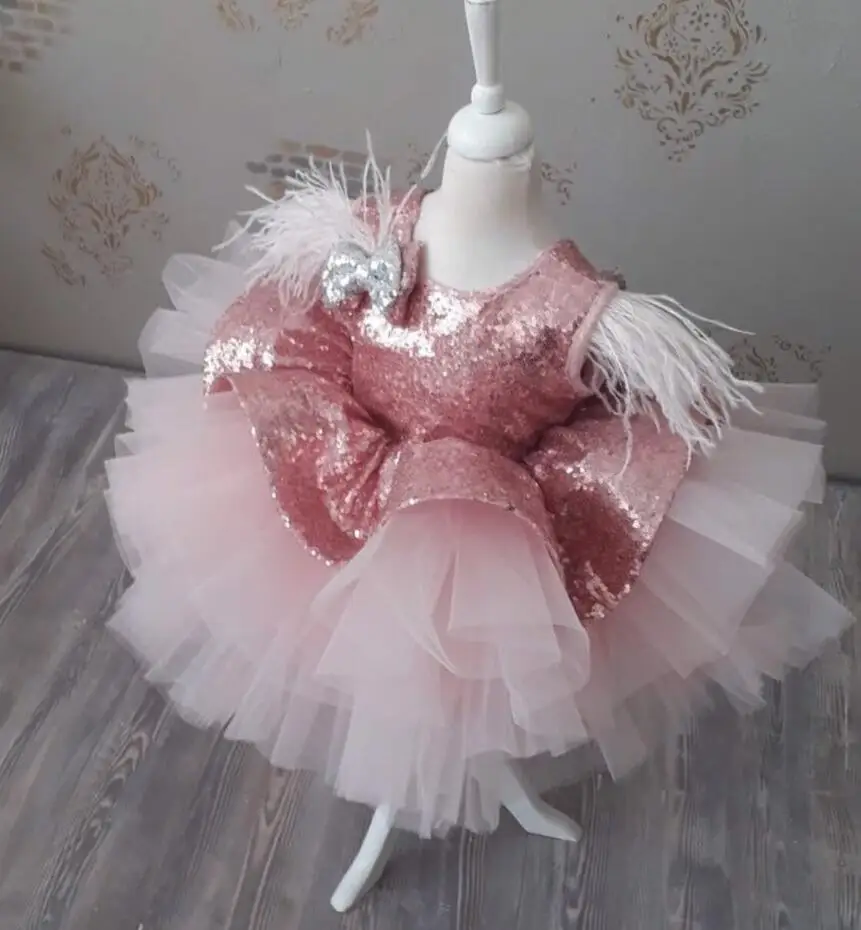 Cute Baby Girl First Birthday Dresses Tutu Top Sequined Ball Gown Flower Girl Dress Infant Christmas Gown Kid Size 12M 18M 24M