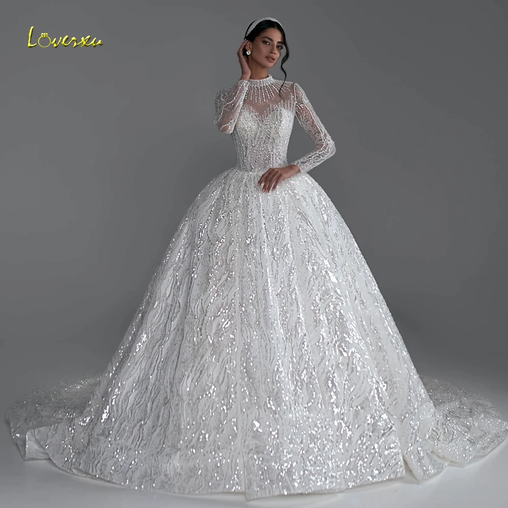 Loverxu Ball Gown abiti da sposa Vintage 2023 collo alto manica lunga abito da sposa pizzo paillettes lucido corte treno Robe De Mariee