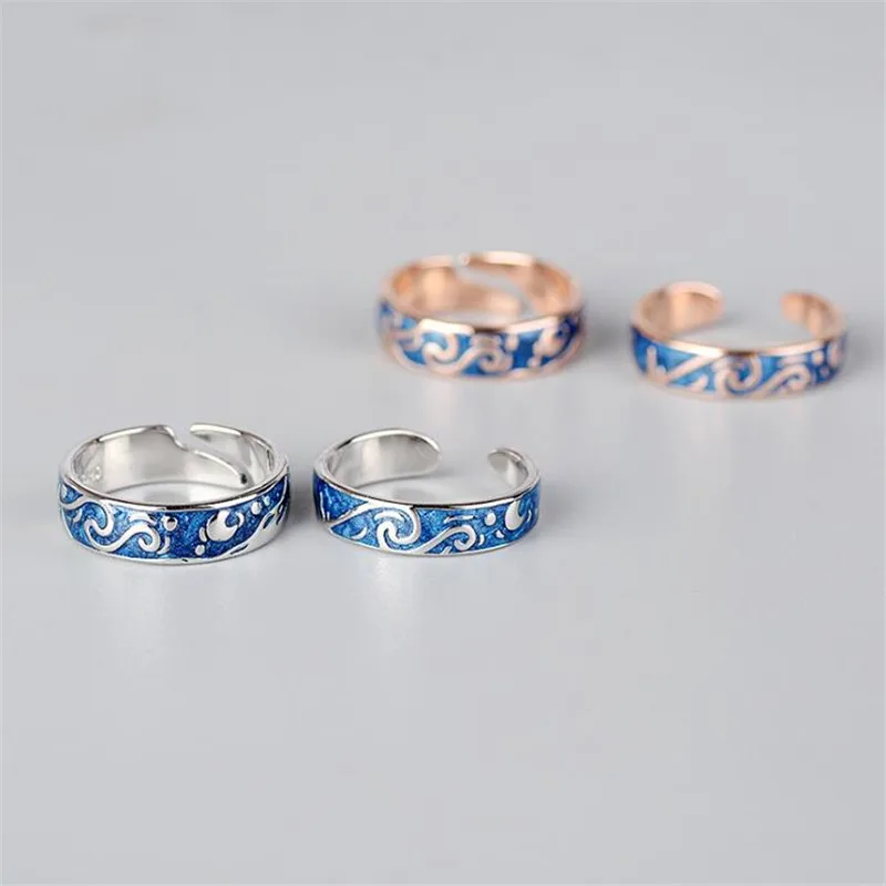 

Новый европейский стиль, креативные кольца со звездами Ван Гога для пар, ювелирные изделия из стерлингового серебра 925 пробы, индивидуальные кольца с лунным синим цветком TYB538