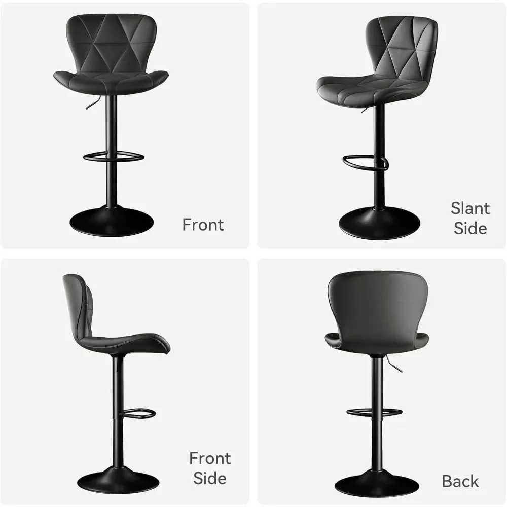 Bar Stools Set of 2, Adjustable Swivel Barstools, Faux Leather Bar Chairs, Upholstered Counter Height with High Backrest Black