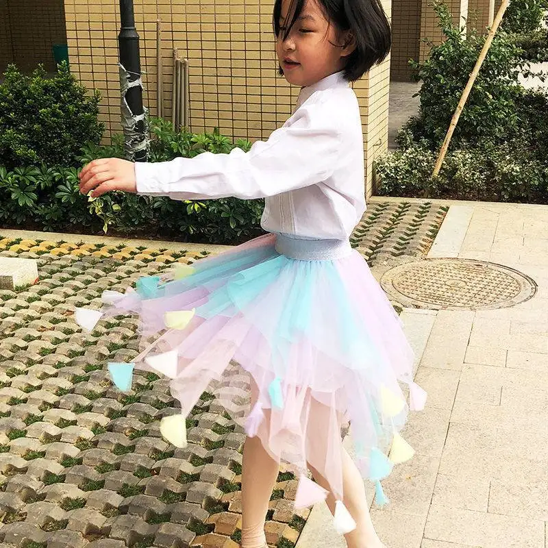 2-12Yrs Rainbow Girls Skirts Baby Girl Colorful Irregular Skirt Bottomst Long Skirt Fashion Color Strip Princess Dance Tutu 2022