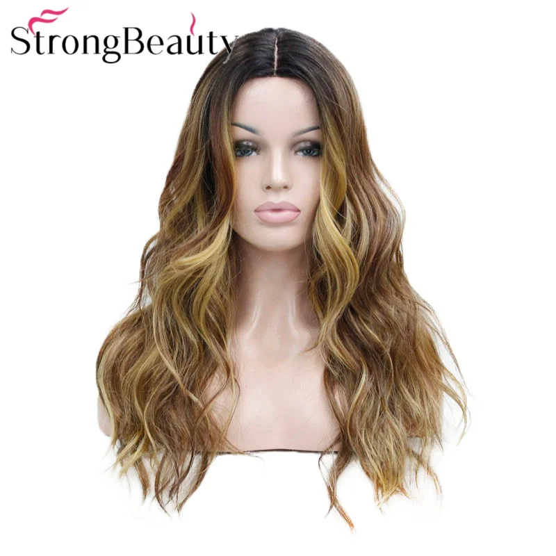 

Парик Strong Beauty Ombre Волнистые синтетические парики без шапочки-основы Длинные светлые волосы с темными корнями