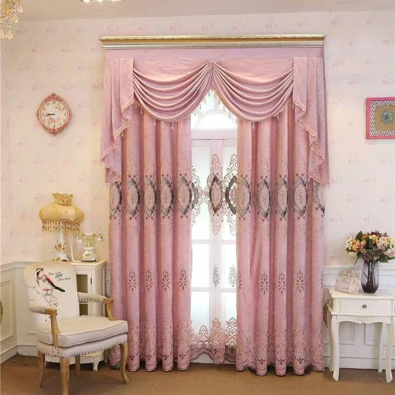 ขนาดที่กําหนดเอง!!ยุโรปสไตล์หรูหราสีชมพูสาวอบอุ่นม่านบังแดดปักผ้าม่านหรูหราสําหรับห้องนั่งเล่นห้องรับประทานอาหารตกแต่งห้องนอน