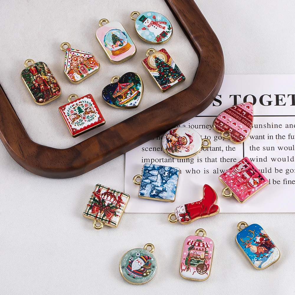 5pcs Alloy UV Printed Colorful Christmas Series Christmas Tree Gingerbread Man Pendants DIY Vintage Charms Necklace Accessories