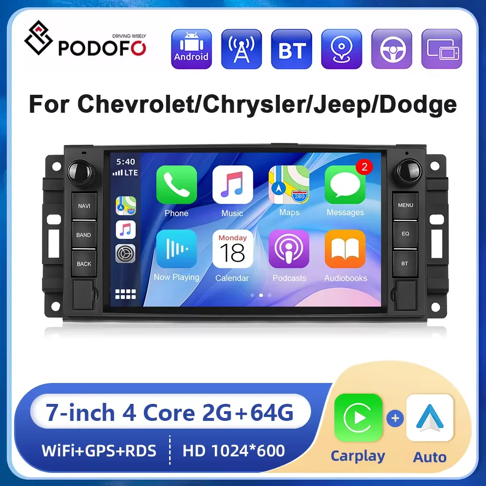 

Podofo 2din 7” Android Car Stereo Radio For Chevrolet Chrysler Jeep Dodge 2+64G Carplay Android auto GPS Navigation Bluetooth